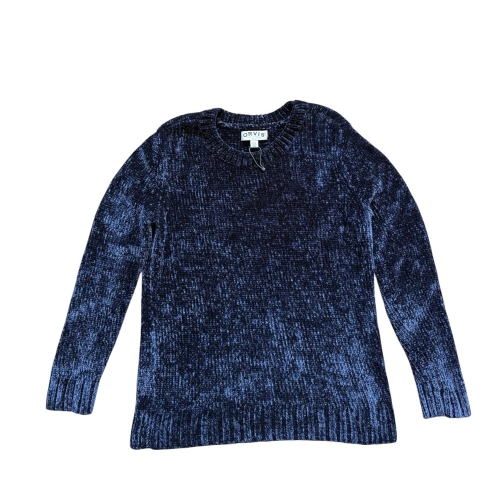 Orvis Womens Sweater Chenille Sz Medium Navy Blue Knit Crewneck Pullover Soft